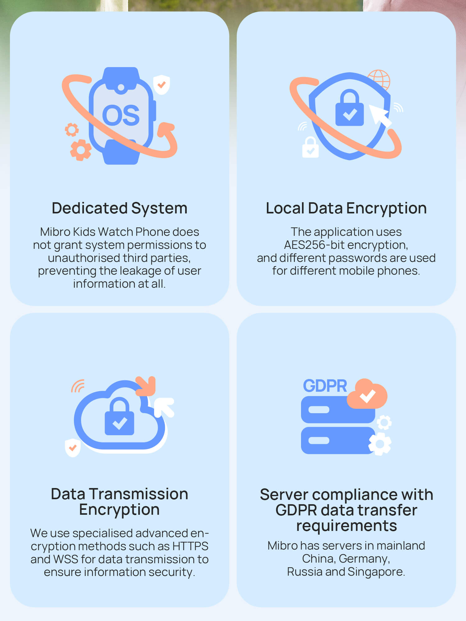 Dedicated system.
Local data encryption.
Data transmission encryption.
Server compliance with GDPR data transfer requirements.