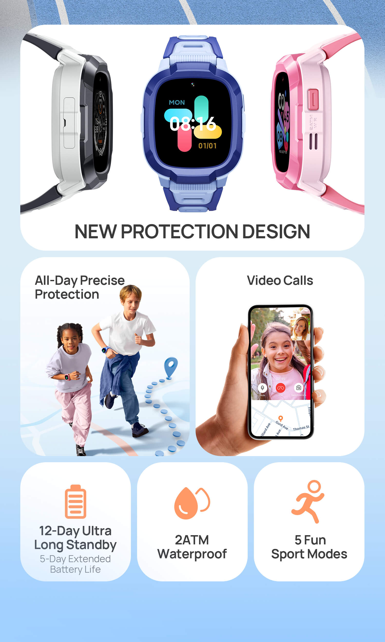 All-Day Safety Protection, 90-Day Historical Tracking, Video Calls, 12-Day Ultra Long Standby, 5-Day Extended Battery Life, New Protection Design, 2ATM waterproof level, 5 Fun Sports Modes