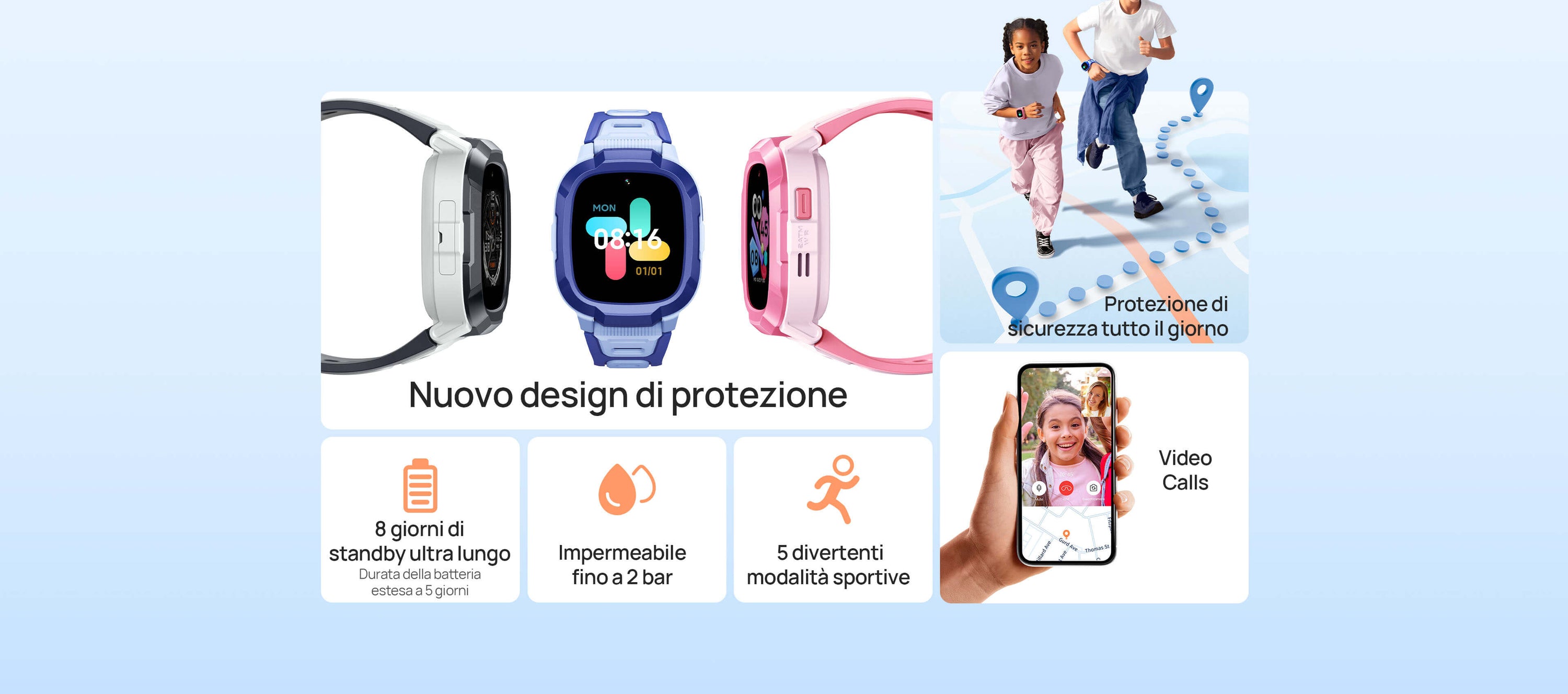 1.Protezione di sicurezza tutto il giorno, Tracciamento storico a 90 giorni.
2. 12 giorni di standby ultra lungo, Durata della batteria estesa a 5 giorni.
3. Impermeabile fino a 2 bar
4. Videochiamate
5. Nuovo design di protezione
6. 5 divertenti modalità sportive