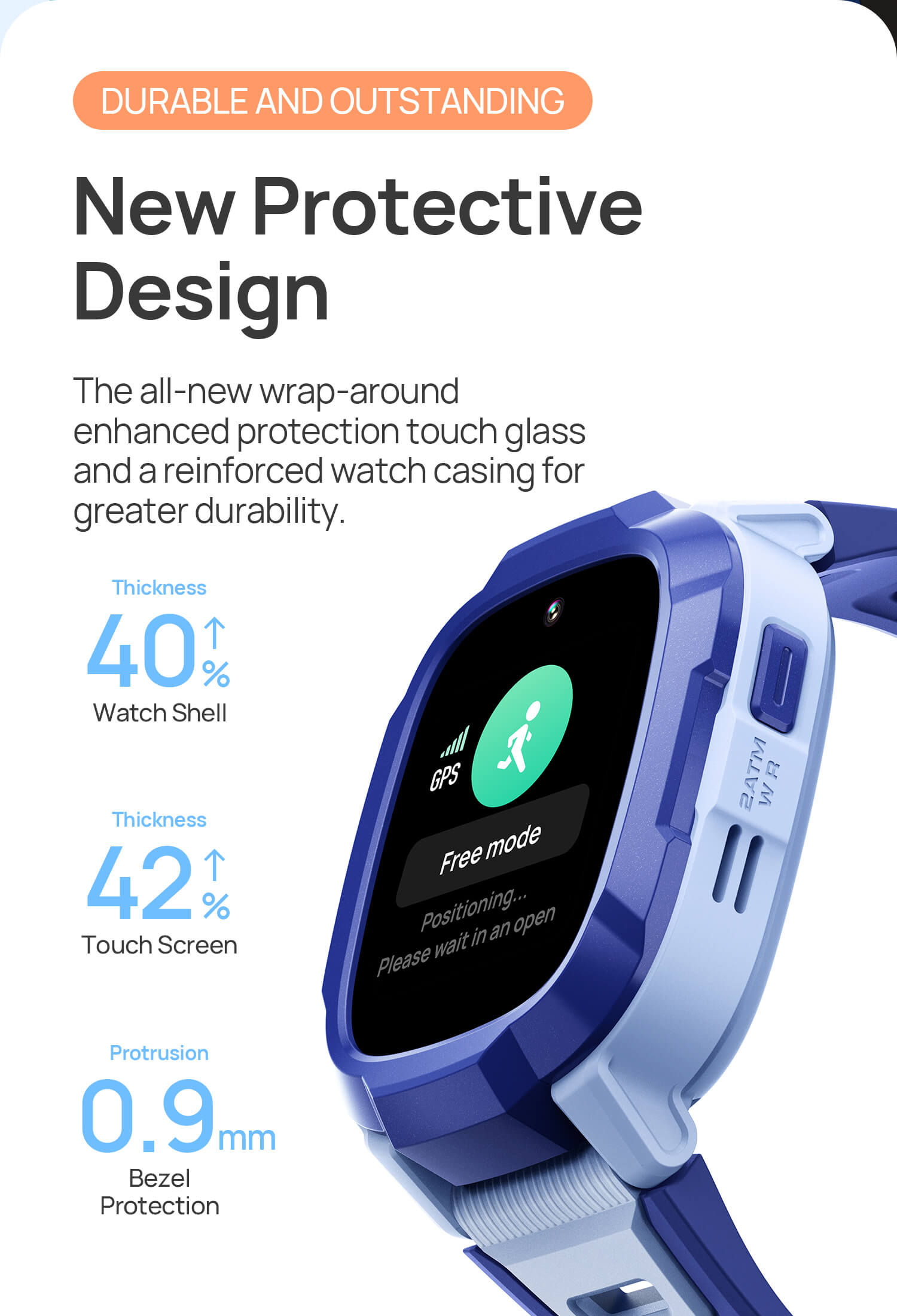 New Protective Design.
Durable and Outstanding.
The all-new wrap-around protection enhanced touch glass and a reinforced watch casing for greater durability.