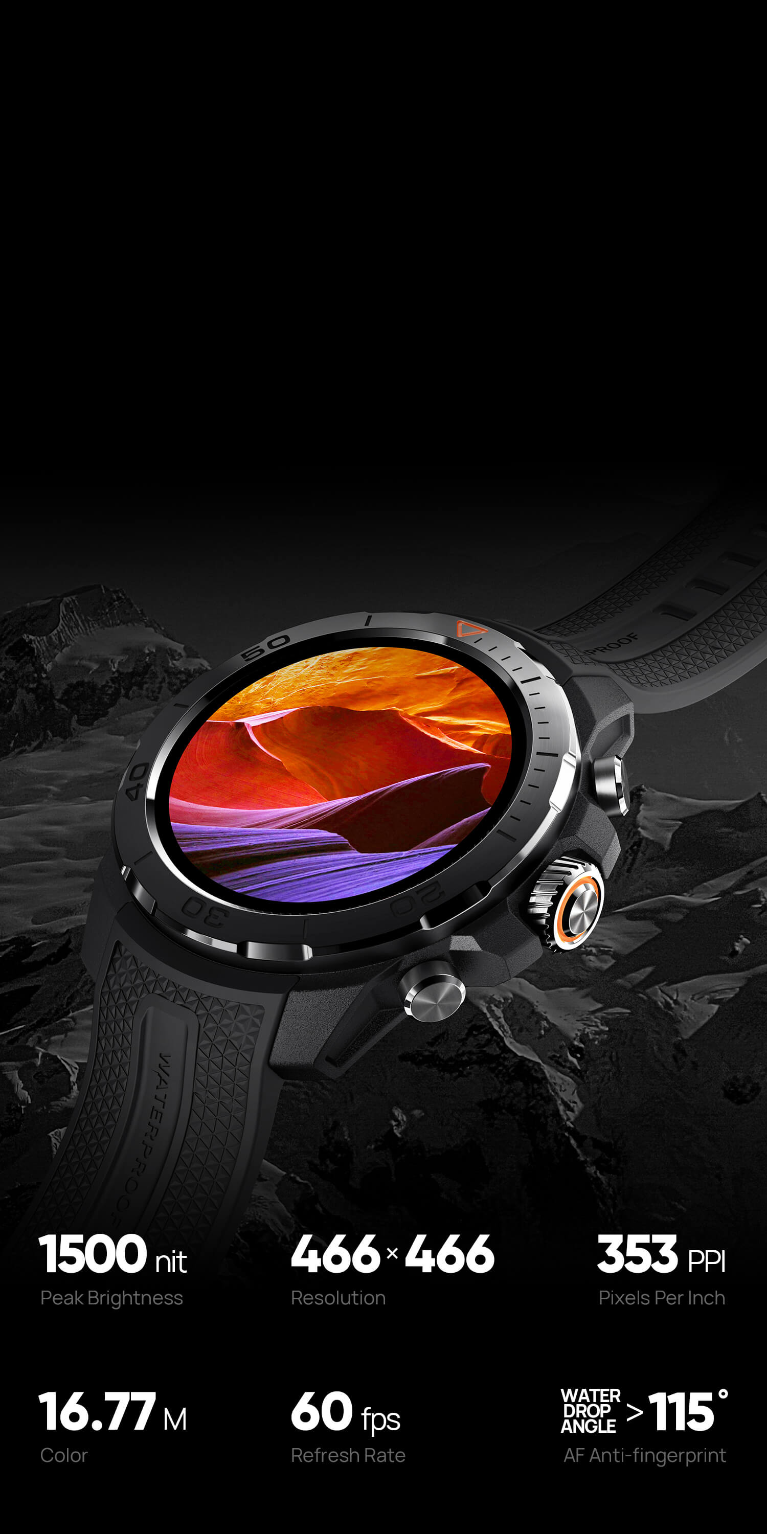 AMOLED High Brightness Screen
1500nit high brightness Amoled screen, clearly visible under strong outdoor light.
Peak Brightness: 1500nit 
Resolution: 466x466 Pixels Per Inch(PPI): 353
Color: 16.77 Million     
Refresh Rate: 60fps       
AF Anti-fingerprint: Water Drop Angle > 115° 