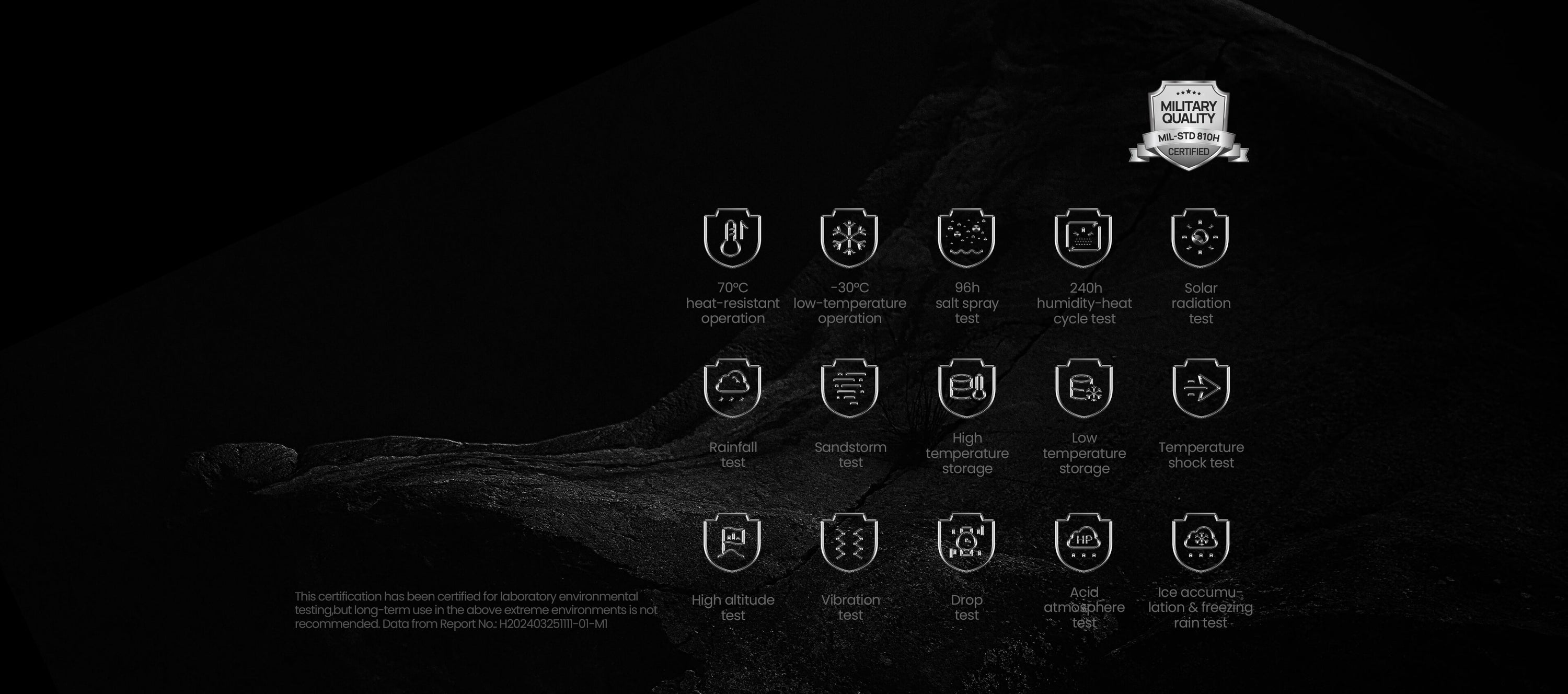 Military Quality
Conform to the 15 military-grade tests of MIL-STD-810H-2019, whether in the desert, rainforest, or mountains and snowy peaks, it can be tough and free. 
50°C heat-resistant operation, -30°C low-temperature operation, 96h salt spray test, 240h humidity-heat cycle test, Solar radiation test, Rainfall test, Sandstorm test, High-temperature storage, Low-temperature storage, Temperature shock test, High altitude test, Vibration test, Drop test, Acid atmosphere test, Icing/freezing rain test.